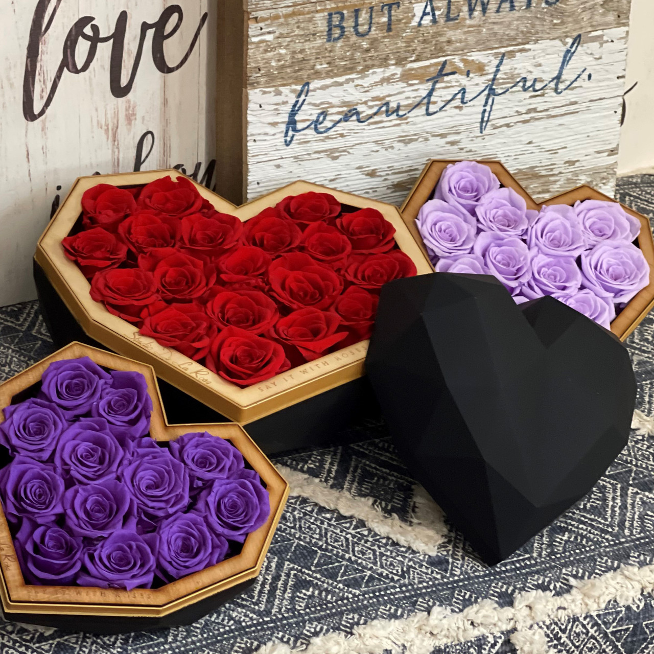 Premium Preserved Roses - Luxury Black Diamond Heart Box